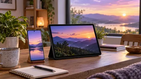 Celular e tablet com paisagens ao entardecer sobre mesa de madeira próxima à janela.