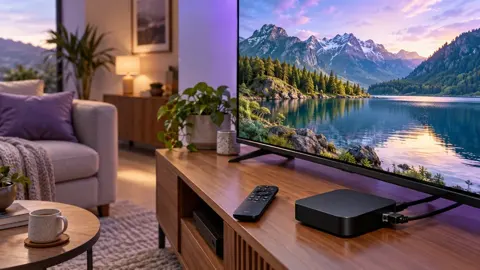 Aparelho de reprodução com cabos e controle remoto diante de televisão com montanhas refletidas no lago.