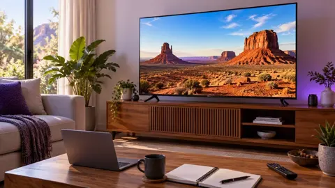 Televisão com paisagem de deserto, notebook e caneca sobre mesa de madeira.