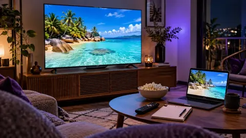Televisão com praia tropical e tela auxiliar junto a caderno em mesa de centro.