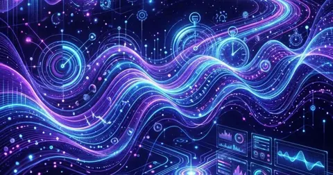 Ilustração abstrata de linhas e pontos luminosos em azul e roxo.