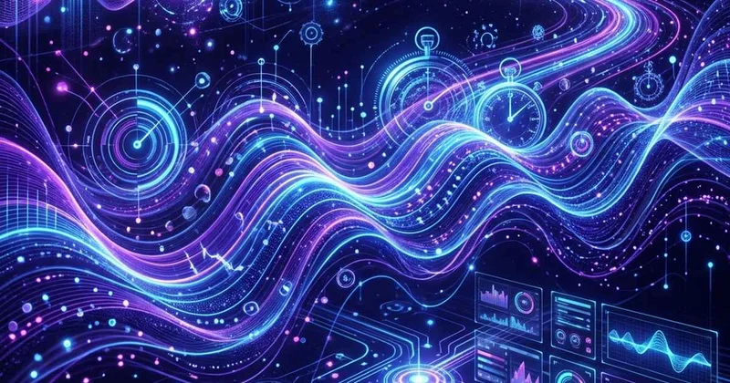 Ilustração abstrata de linhas e pontos luminosos em azul e roxo.