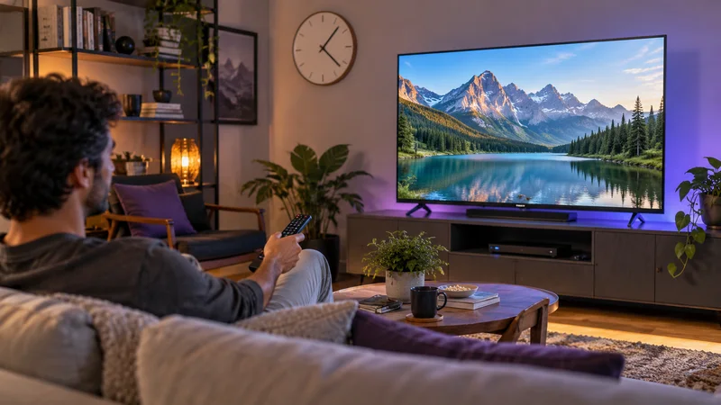 Pessoa com controle diante de televisão com lago e montanhas; relógio na parede.