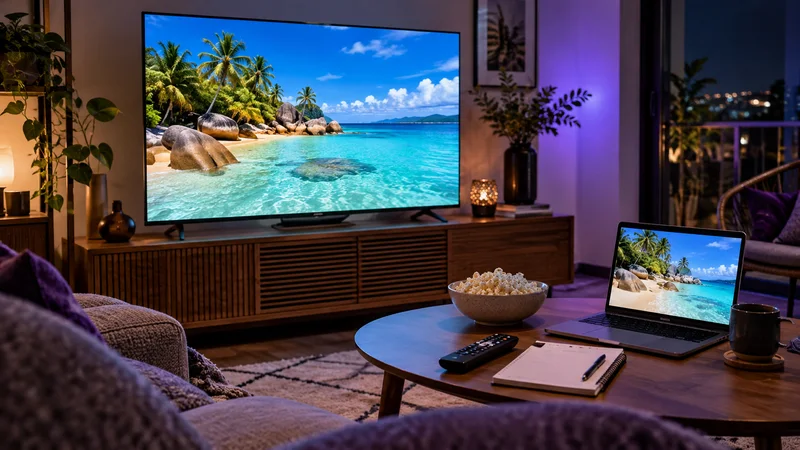 Televisão com praia tropical e tela auxiliar junto a caderno em mesa de centro.