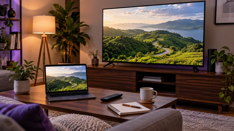 Televisão e notebook com paisagem de colinas verdes em sala iluminada.