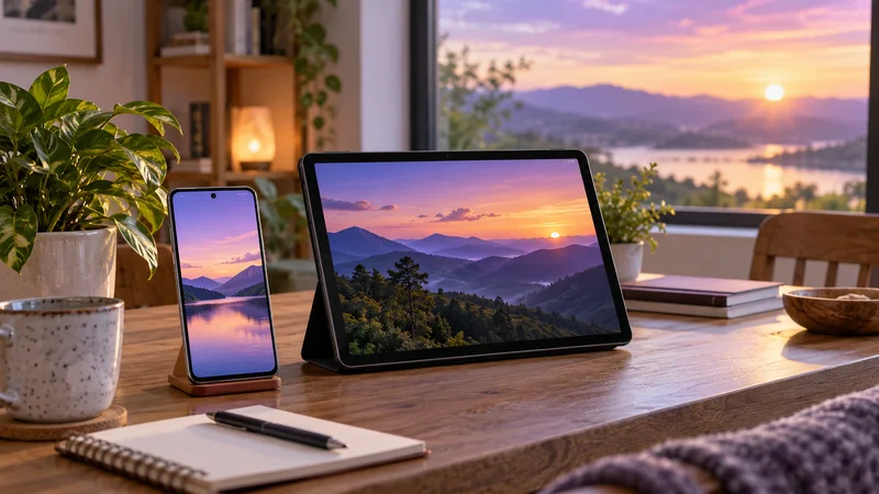 Celular e tablet com paisagens ao entardecer sobre mesa de madeira próxima à janela.