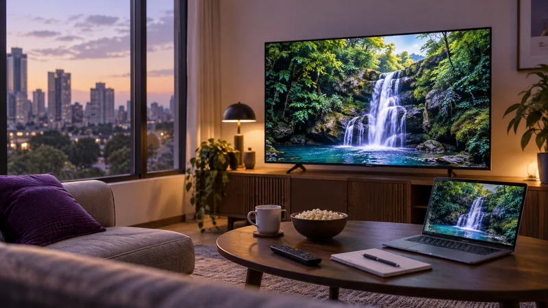Televisão com cachoeira e tela auxiliar sobre mesa de centro em sala ao entardecer.
