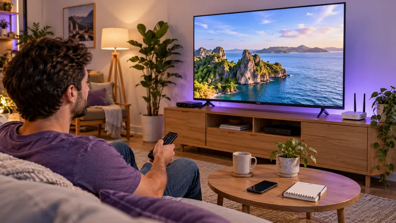 Pessoa no sofá com controle remoto diante de televisão com paisagem costeira.