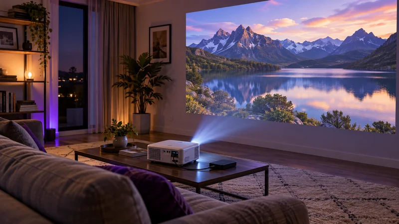 Projetor emitindo luz para imagem de lago e montanhas na parede, em sala ao entardecer.