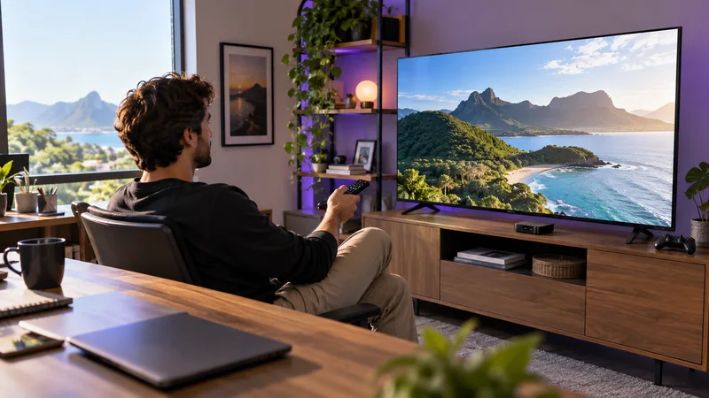 Pessoa segurando aparelho diante de televisão com paisagem costeira, notebook sobre a mesa.
